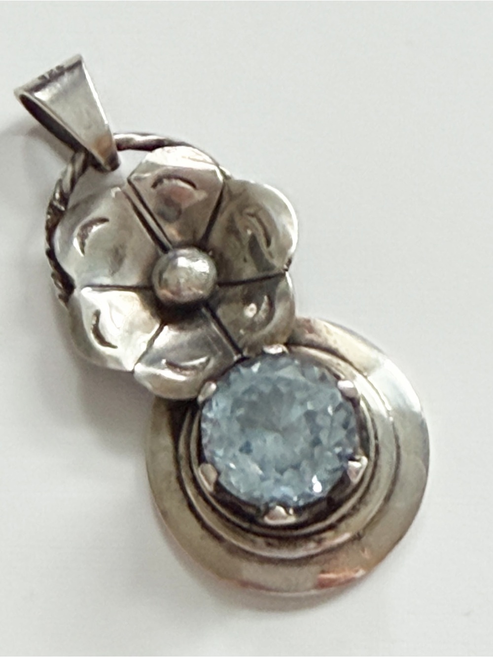 Vintage Sterling Silver Floral Blue Topaz Pendant